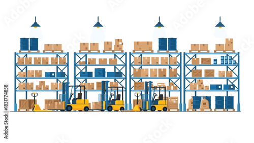 Efficient warehouse scene with forklifts transporting parcels on shelves, ideal for logistics, supply chain, and inventory management visuals