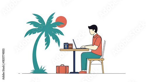 Man working on a laptop at a table under a palm tree with a suitcase and passports nearby, indicating remote work or travel