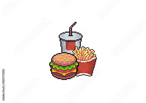 Pixel art illustration of a classic fast-food meal featuring a hamburger, fries, and a soda cup with a straw, set against a white background.
