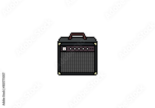  Minimal pixel art of a black guitar amplifier with control knobs and handle, centered on a clean white background.