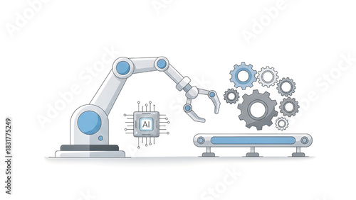 Robotic Arm and AI Chip on Assembly Line with Gears, Representing Automation and Manufacturing Processes