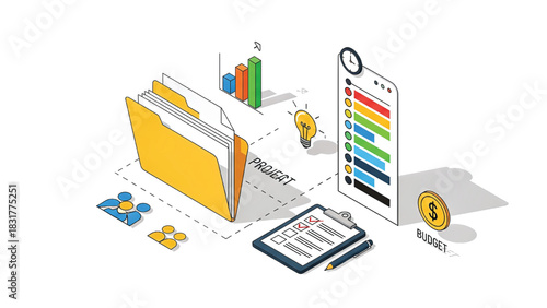 Business data analysis with financial charts, documents, and a checklist for strategic planning and project management