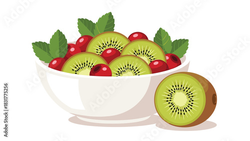 Delightful fruit salad bowl with sliced kiwi, red cherries, and fresh mint leaves for a healthy, vibrant snack or dessert idea