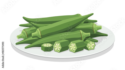 Freshly picked okra on a white plate, perfect for healthy cooking and culinary creations, adding a touch of green to your designs