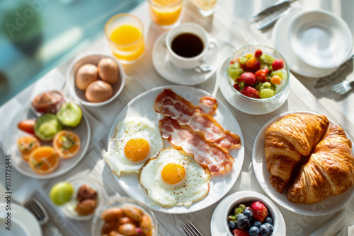 A vibrant breakfast spread featuring sunny-side-up eggs with crispy bacon, fresh fruit bowls, golden croissants, soft-boiled eggs, and glasses of orange juice and co