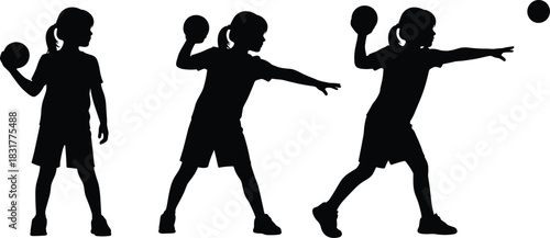 Child throwing ball silhouette sequence, motion study, black vector, biomechanics illustration, sports training, physical education, ponytail girl, force and movement