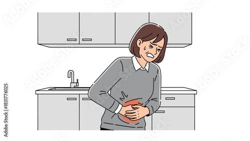 Woman experiencing sharp stomach pain in her kitchen needs urgent relief, potential health concern, abdominal discomfort, digestive distress