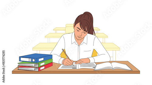 Focused student diligently studying with open book and reports in classroom setting, ideal for education and academic success concepts