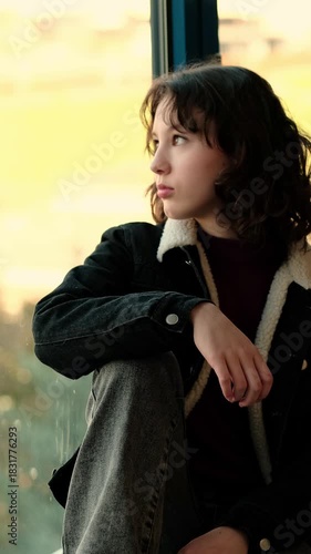 Thoughtful teen girl in denim jacket sits by a big window and looks away with a distant gaze, concept loneliness of adolescence and mental health problems of modern teenagers.