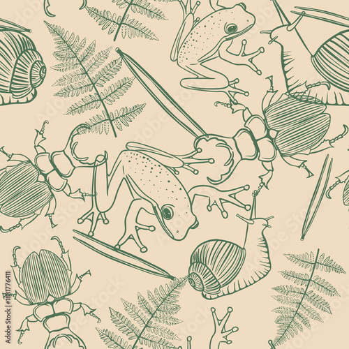 Seamless nature pattern with  frogs, beetles, snails, ferns. Detailed botanical wildlife background ideal for textiles, packaging, wallpaper, wrapping, stationery and surface decoration.