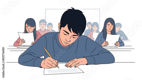 Focused students taking exam in classroom, demonstrating academic integrity and diligence, with a clean, modern educational setting