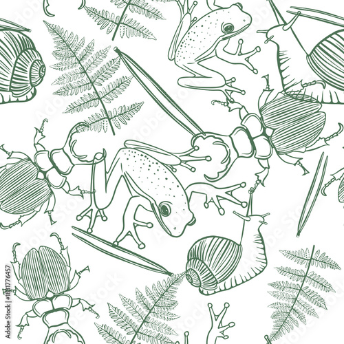 Seamless nature pattern with  frogs, beetles, snails, ferns. Detailed botanical wildlife background ideal for textiles, packaging, wallpaper, wrapping, stationery and surface decoration.