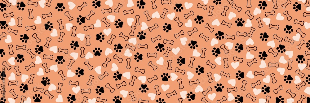 Fototapeta premium Light brown background with bone heart and cat paw prints, wide background