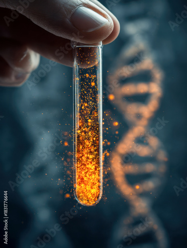 Hand holding a glowing test tube with orange particles against a blurred double helix dna background symbolizing genetic research and biotechnology advancements