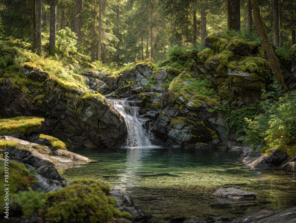 Fototapeta premium Serene forest landscape with a clear natural pool and a small cascading waterfall surrounded by moss-covered rocks and lush green trees in soft sunlight