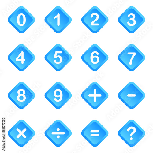 Number keys 0-9 and mathematical symbols, plus, minus, multiply, divide, equal and question mark in gradient blue diamond or square shape.
