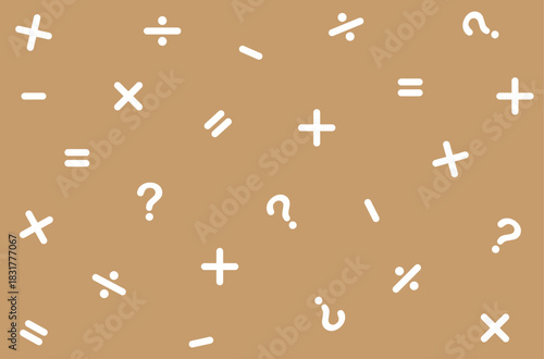 Fabric pattern of floating mathematical symbols, plus, minus, multiply, divide, equal and question marks on a brown background.