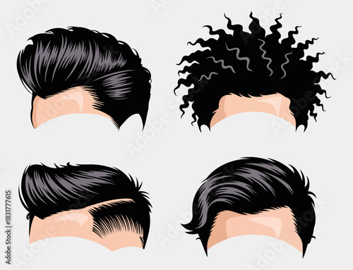 Set of four unique male hairstyles featuring voluminous slicked back and curly haircuts in vector art style