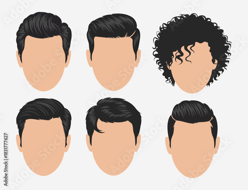 Set of six stylish male haircuts showcasing different hair textures including slicked back and curly styles in vector illustration
