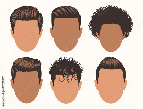 Set of six diverse male hairstyles featuring slicked back modern cuts curly afro styles and trendy hair designs in vector art