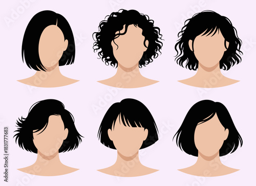 Set of six diverse female hairstyles featuring bob curly pixie and layered cuts in flat vector style
