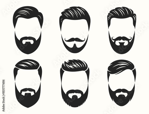 Set of six male heads featuring diverse beard and mustache styles with stylish haircuts in black and white vector illustrations