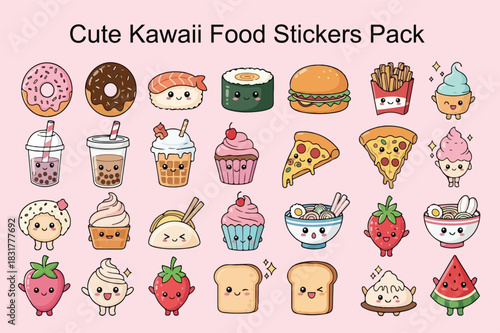 Cute kawaii food sticker pack with various sweet and savory items