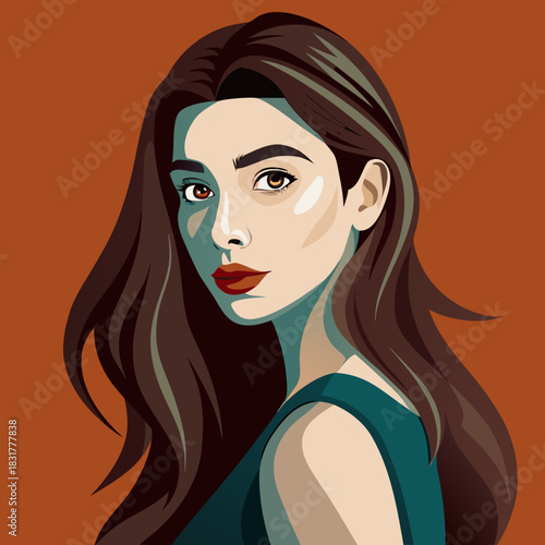 Stylized portrait of a woman with long brown hair