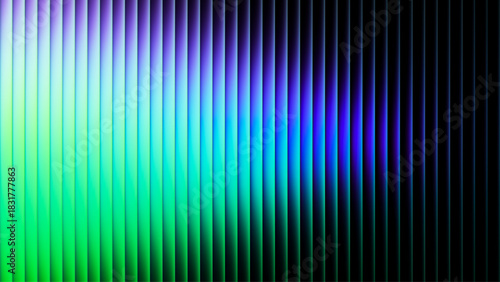 Futuristic ribbed lines filled with luminous gradient that disperses through the vertical geometry. Fractal glass with glowing gradient that extends from bright green to cooler blue for modern design