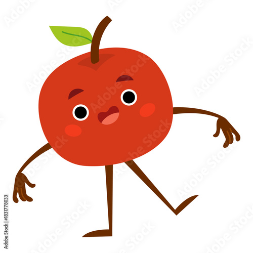 Red apple keeps balance on one leg. Character posed like a zombie. Flat vector illustration isolated on white background. Funny sporty vegetable character for kids games or food projects