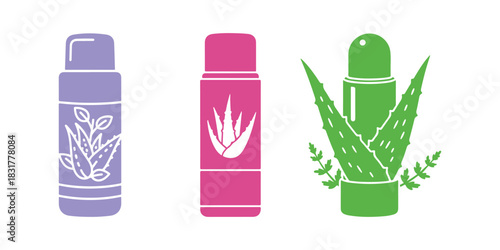 A multicolor glyph icon for organic lip balm.  This organic cosmetic is made with aloe vera extract.  Lip care featuring medicinal herbs.  A product that is plant-based in nature.  Isolated vector
