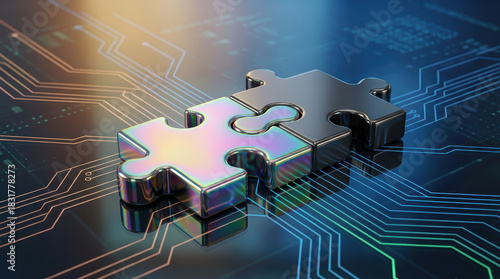 Two metallic puzzle pieces connecting over a digital circuit board with illuminated lines and reflections representing technology and integration Connection