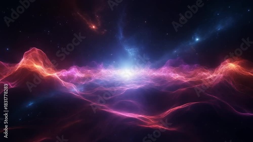Cosmic Nebula with Bright Central Light and Glowing Pink Purple and Orange Clouds in Starry Sky
