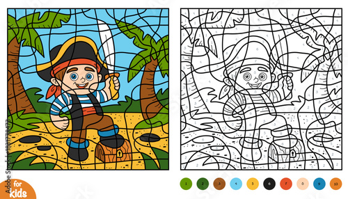 Cute pirate with sword and treasure chest color by number page for kids. Educational activity game for preschool and kindergarten children to learn numbers and colors. Tropical sea adventure