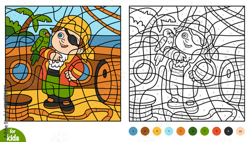 Cute pirate with parrot color by number page for kids. Fun and educational activity game for preschool and kindergarten children to learn numbers and colors. Tropical island and sea adventure
