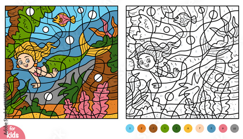 Cute mermaid swimming underwater color by number page for kids. Educational activity game for preschool and kindergarten children to learn numbers and colors. Ocean scene with fish and seaweed