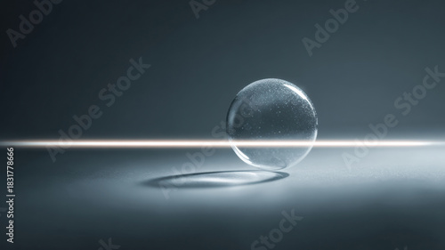 A crystal clear orb of light and a bright line. The scene is clean, modern, and mysterious.