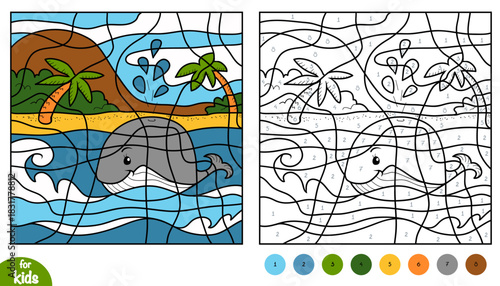 Cute whale swimming on waves color by number page for kids. Educational activity game for preschool and kindergarten children to learn numbers and colors. Tropical island in the sea background