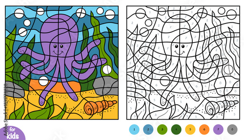 Color by number page with cute octopus on ocean landscape. Natural seabed background with seaweed. Educational activity game for preschool and kindergarten children to learn numbers and colors