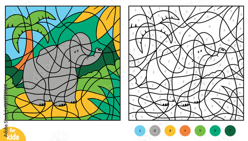 Cute elephant on African background color by number page for kids. Fun and educational activity game for preschool and kindergarten children. Square picture to learn numbers and colors
