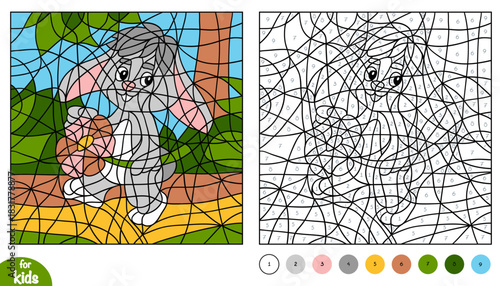 Cute cartoon rabbit with flower on forest background. Color by number page for kids. Educational activity game for preschool and kindergarten children. Square picture to learn numbers and colors