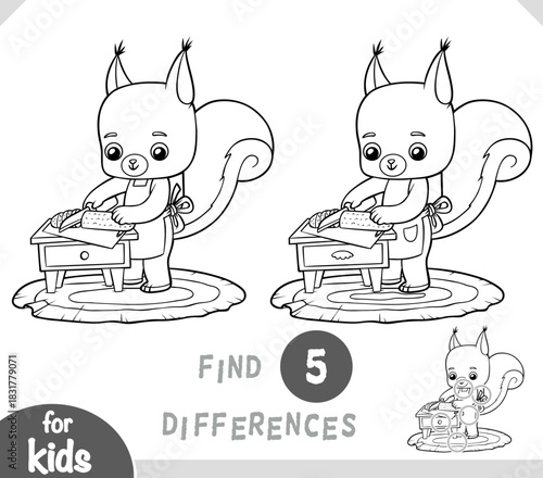 Cute squirrel cooks food and cuts cucumber. Spot the differences game for kindergarten and preschool children. Black and white coloring page for kids about forest animals