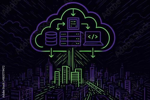 Illustration of Cloud Computing with Data Flow and Cityscape Background