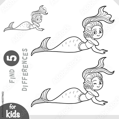 Cute mermaid listens to the sound of the sea in a shell. Spot the differences game for kindergarten and preschool children. Black and white coloring page for kids about fairytales