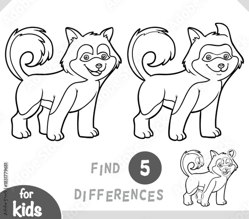 Cute pet character husky. Spot the differences game for kindergarten and preschool children. Black and white coloring page for kids about dog breeds