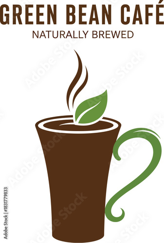 Green Bean Cafe naturally brewed coffee cup and leaf Vector Illustration