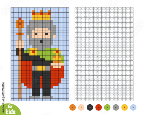Cute king character with scepter and orb. Pixel color by number page. Educational activity for preschool and kindergarten children to learn numbers and colors. Simple square grid design