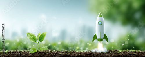 Green Rocket Startup, Eco Innovation, Sustainable Growth, Environmental Technology, Nature Friendly Business Concept. Panoramic bg