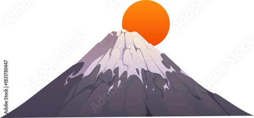 Cartoon Japanese Fuji mountain with an orange sun setting or rising behind it. Isolated vector summit with a snow capped peak and rounded rock textures. Famous landmark of Japan country