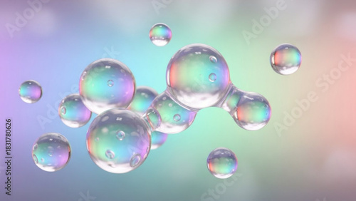 Iridescent spheres floating in a cluster against a soft pastel gradient background creating a dreamy effect